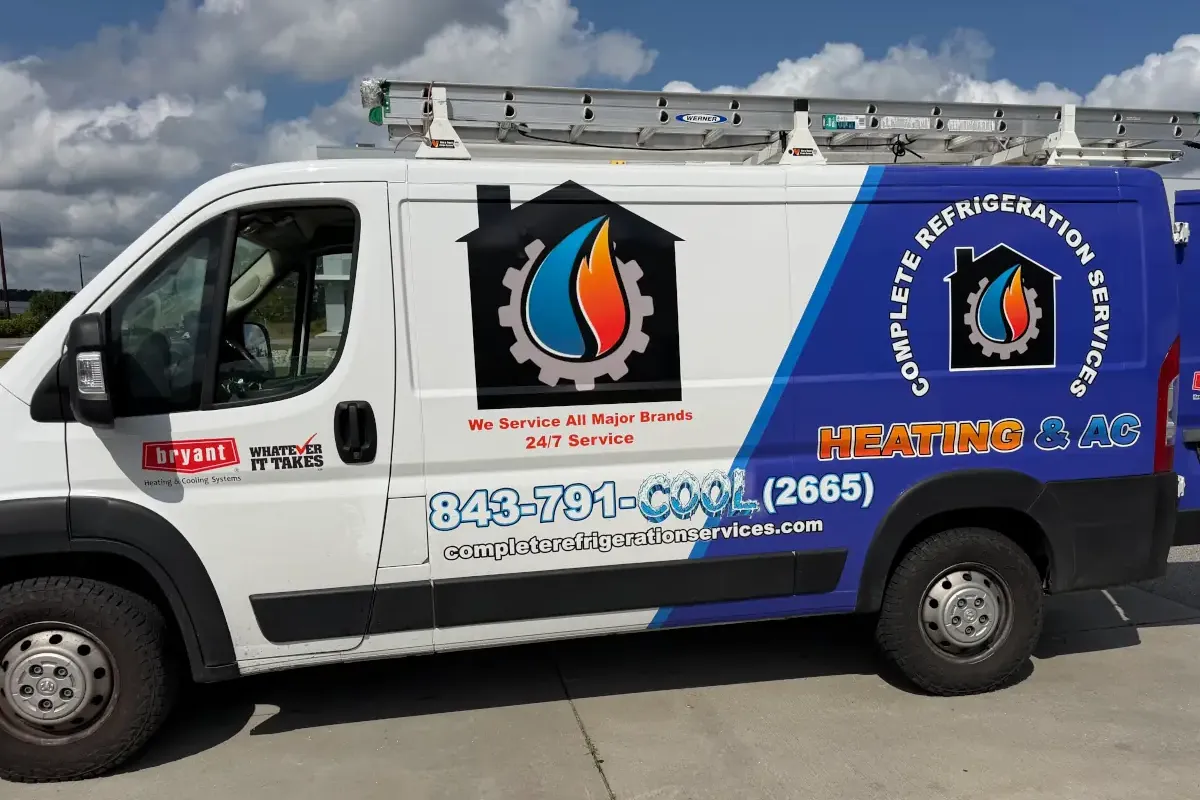 Professional HVAC service van from Complete Refrigeration Services on-site in Okatie.
